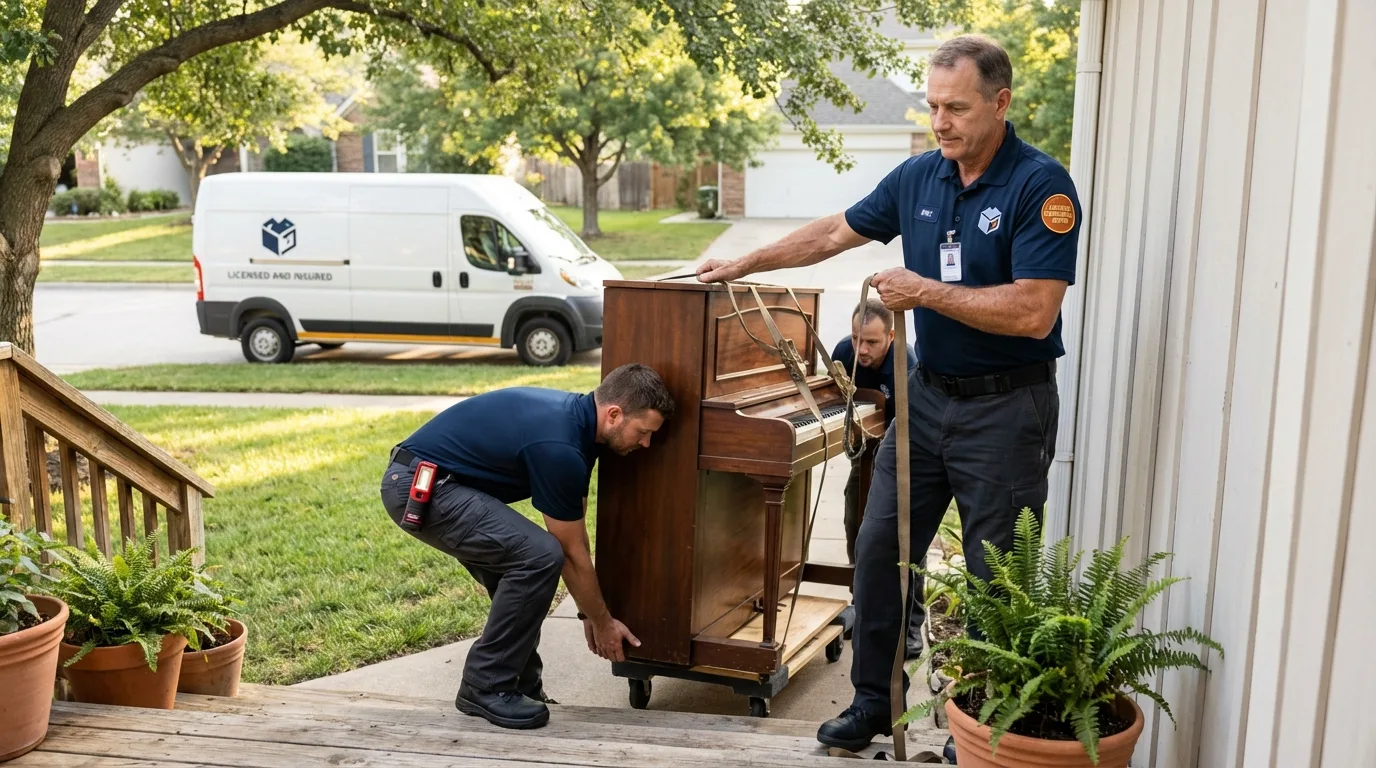 Licensed piano movers securing grand piano in Roanoke, AL