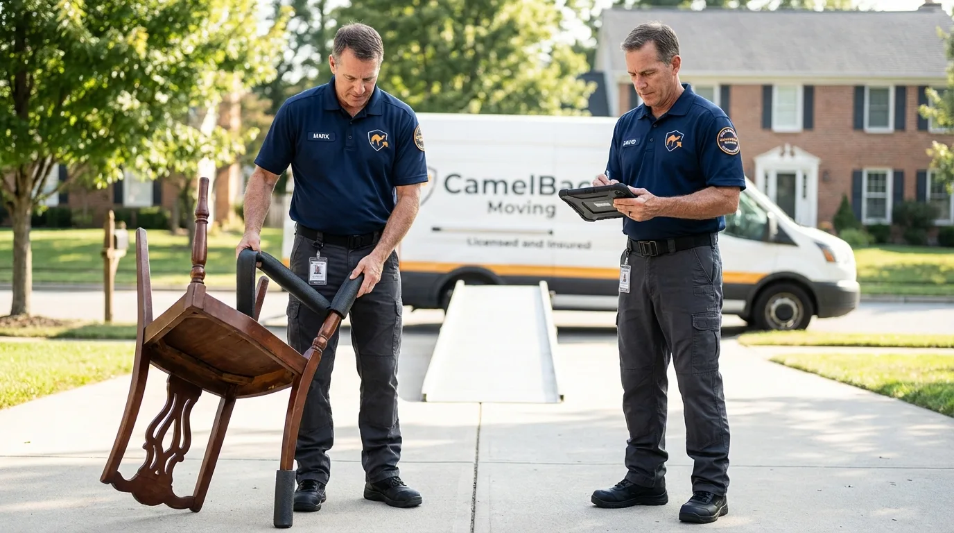 Movers inspecting furniture for damage prevention before loading in Roanoke, AL